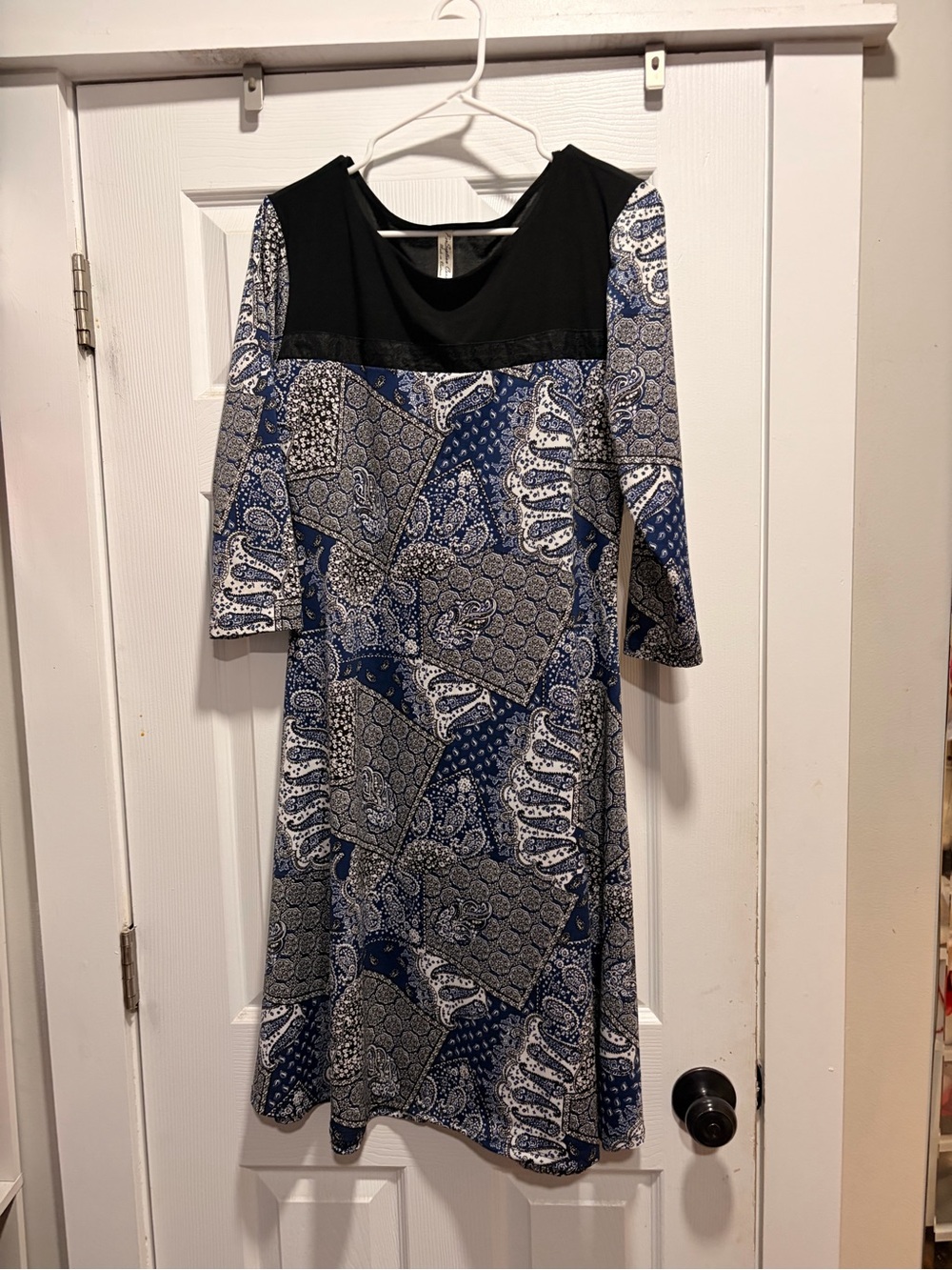 PerSeption Concept Blue and Black Paisley A-Line Long Sleeve Dress